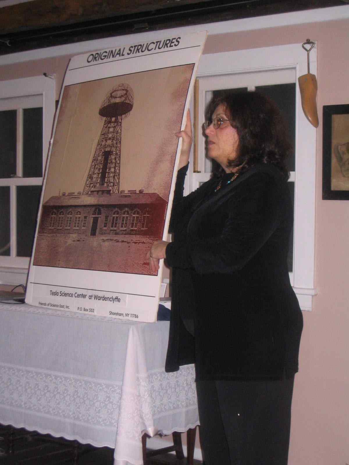 TSC President Jane Alcorn explains Tesla's visions for the
        Wardenclyffe plant. (Photo by Bob Alcorn)
